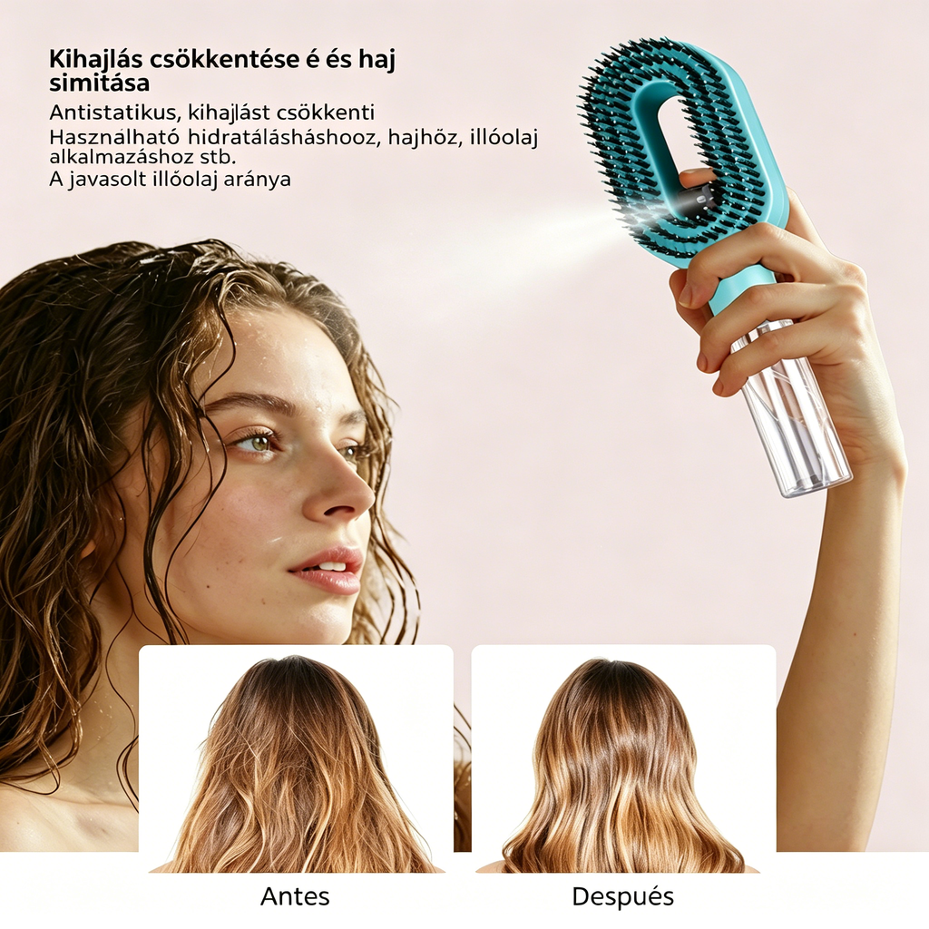 【Korlátozott ideig 50% kedvezmény!】Forradalmi hajkefe! Egy gombnyomásra finom permetet ad – véget vet a hajgubancoknak!