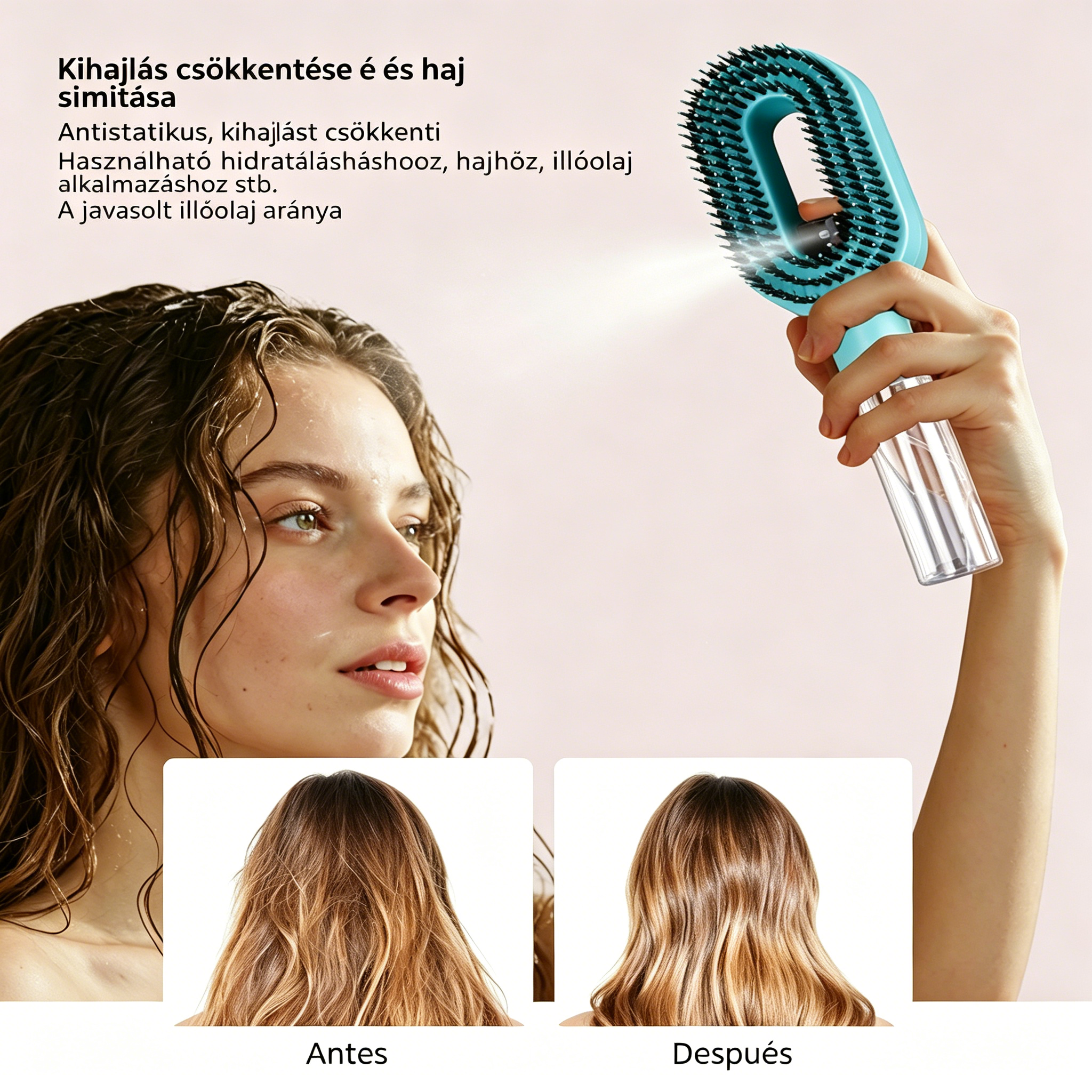 【Korlátozott ideig 50% kedvezmény!】Forradalmi hajkefe! Egy gombnyomásra finom permetet ad – véget vet a hajgubancoknak!