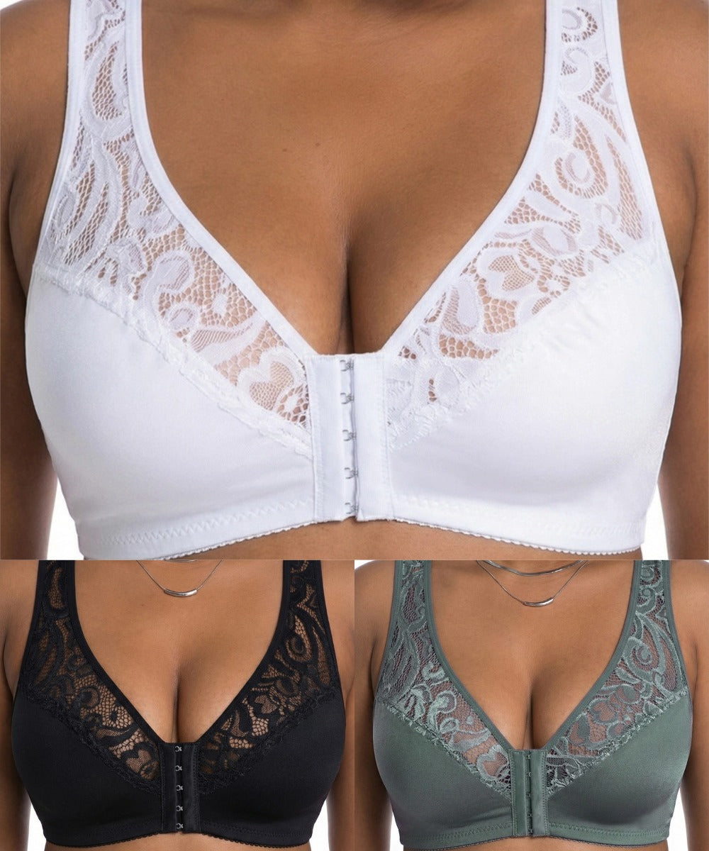 💖Minden idők legalacsonyabb ára【3 db-os szett】【L-4XL】😍🩲Push-up melltartó nagy méretben, gyönyörű csipke, push-up és áttört design, elöl kapcsos