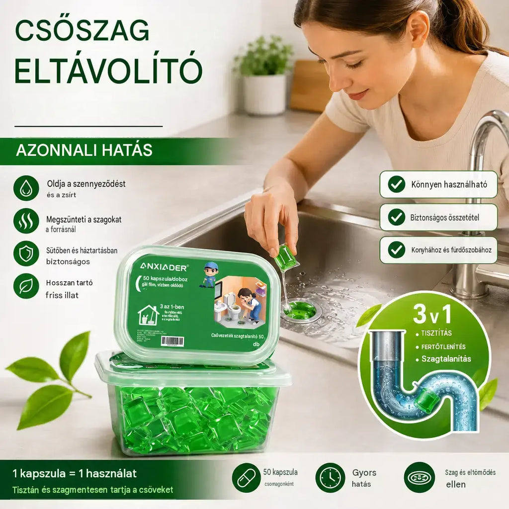 🌟2 csomag (100 tabletta) 8900 FtVízben oldódó kapszulák a lefolyók szagainak eltávolítására - tökéletes megoldás a szagok terjedésének megakadályozására a fürdőszobákban és a konyhákban.