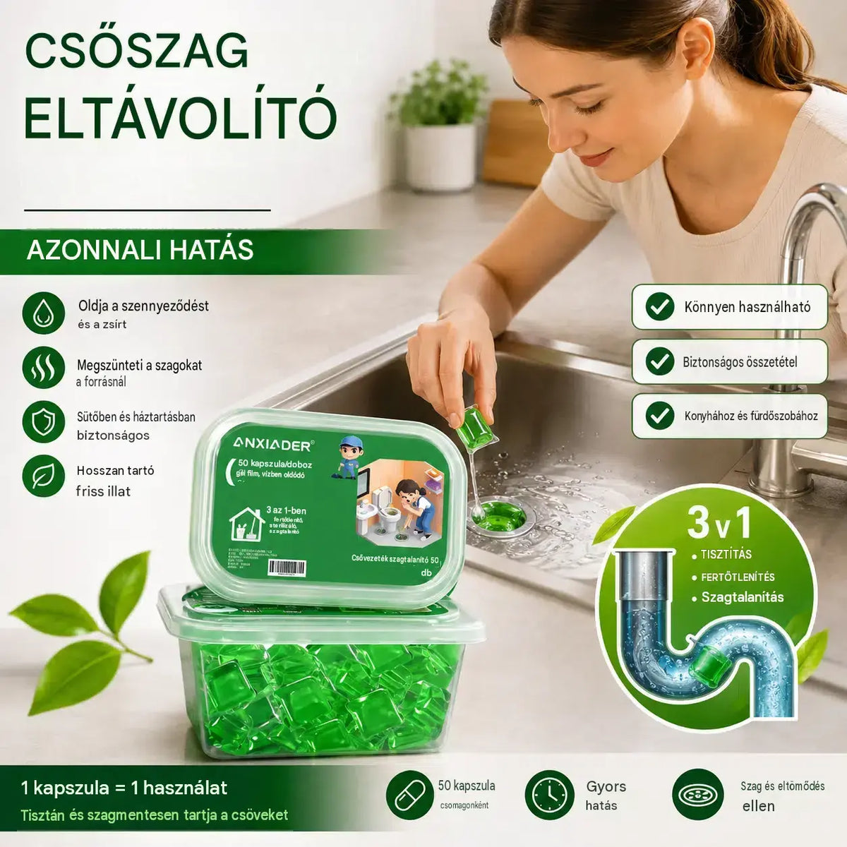 🌟2 csomag (100 tabletta) 8900 FtVízben oldódó kapszulák a lefolyók szagainak eltávolítására - tökéletes megoldás a szagok terjedésének megakadályozására a fürdőszobákban és a konyhákban.