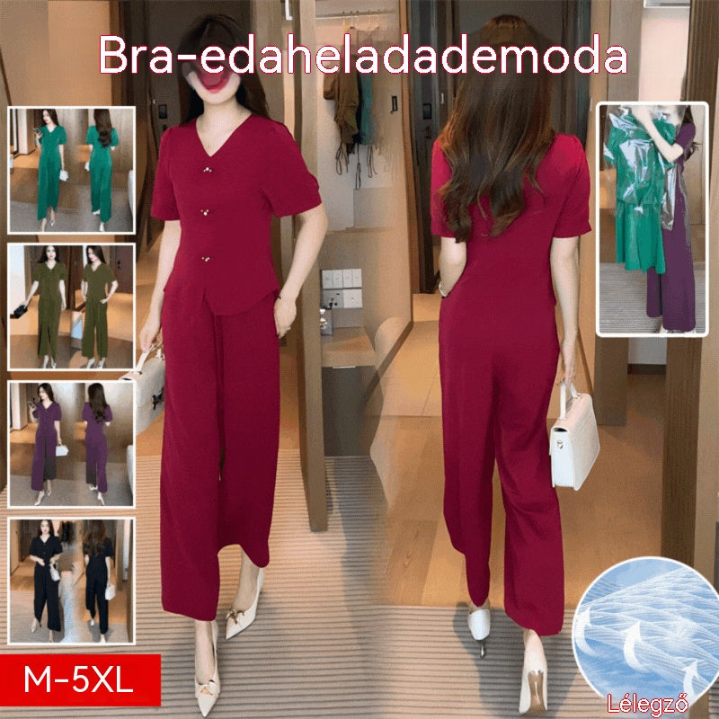 【M-5XL】 Tavaszi divatos jégselyem női szett – Felső + bő szárú nadrág