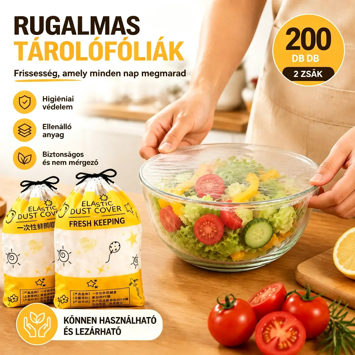 【2 tasak, 200 db】 Élelmiszer-minőségű, eldobható frissentartó fedél