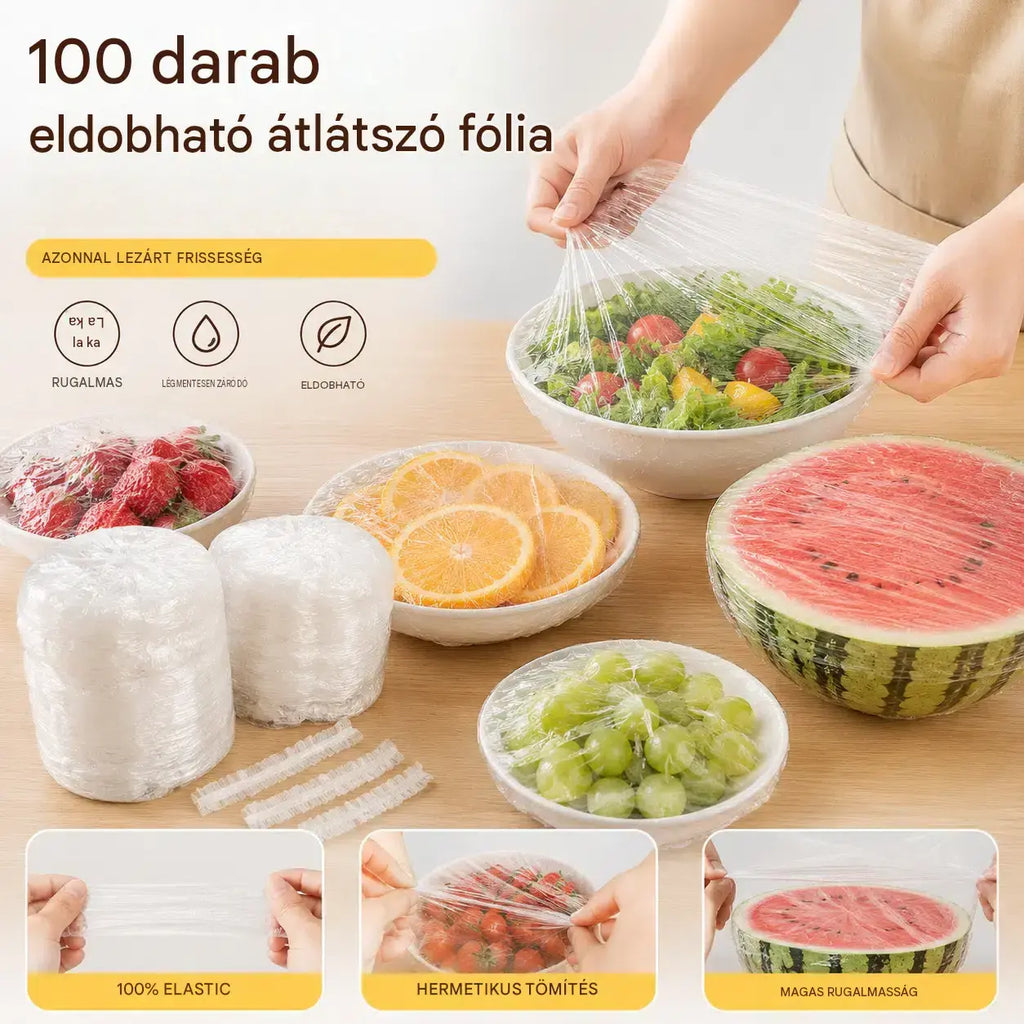 【200 darab】Eldobható átlátszó fólia, ideális tárolóedényekhez és élelmiszerekhez. Tökéletesen illeszkedik, jó tömítést biztosít, és könnyen használható.