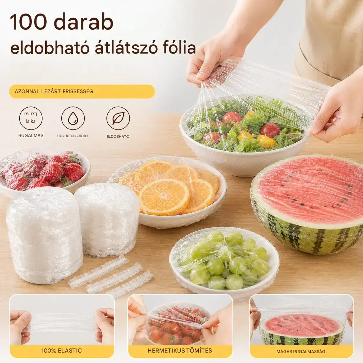 【200 darab】Eldobható átlátszó fólia, ideális tárolóedényekhez és élelmiszerekhez. Tökéletesen illeszkedik, jó tömítést biztosít, és könnyen használható.