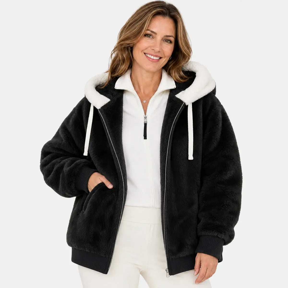❄️【Időkorlátozott 50% kedvezmény!】☃️[S-5XL] Női vastagított, plüss, színblokkos, csíkos dzseki (2026)