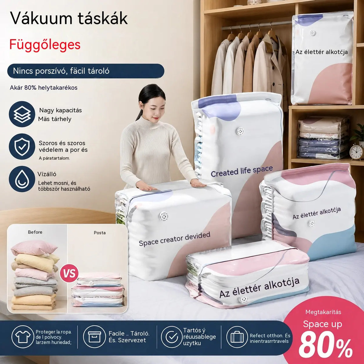 【5 darabos készlet 9800 Ft】 Nagy, összenyomható vákuumos tárolózsák: nincs szükség pumpára, szivárgásmentes, és ideális helytakarékosságra bőröndökben és otthon ✈️
