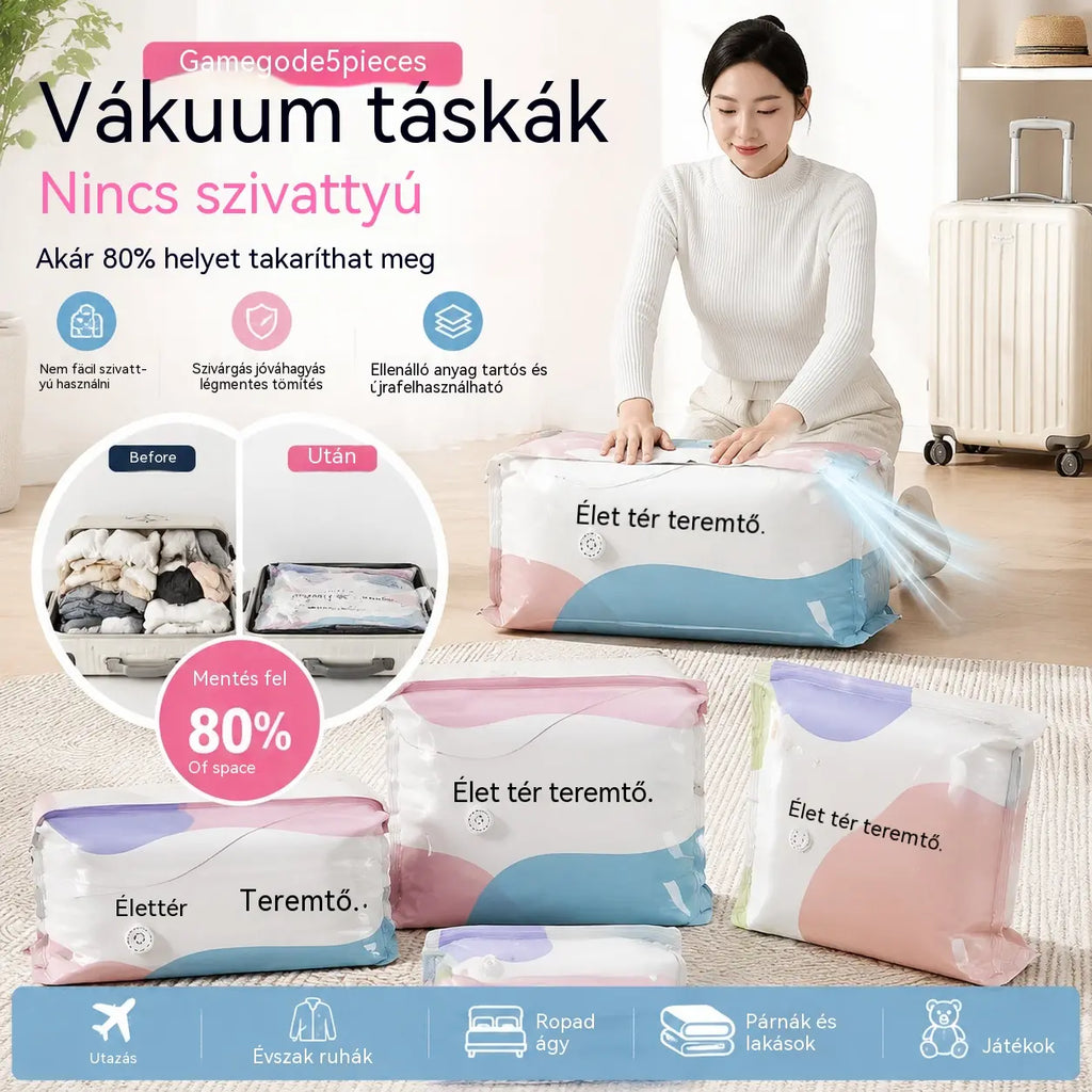 【5 darabos készlet 9800 Ft】 Nagy, összenyomható vákuumos tárolózsák: nincs szükség pumpára, szivárgásmentes, és ideális helytakarékosságra bőröndökben és otthon ✈️