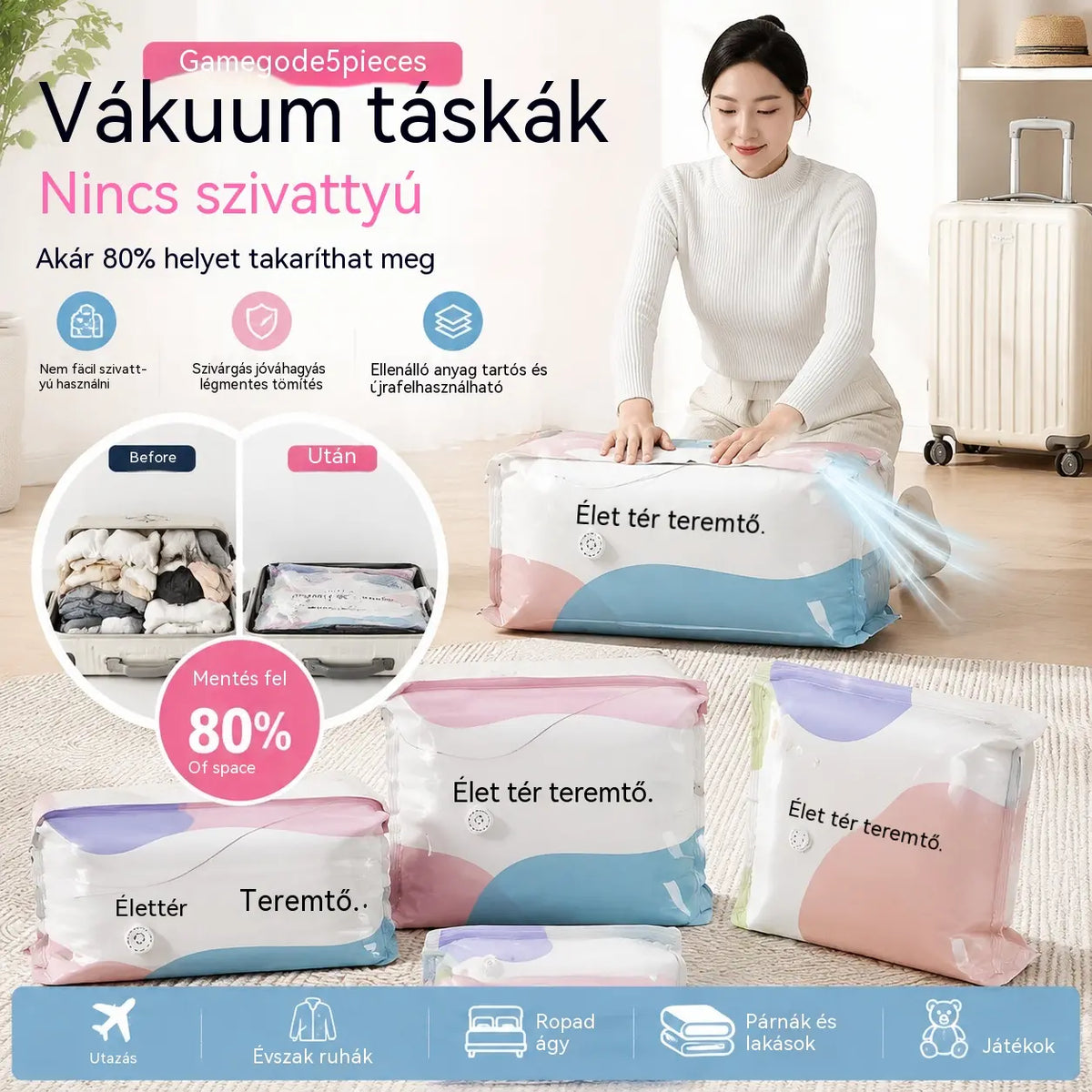 【5 darabos készlet 9800 Ft】 Nagy, összenyomható vákuumos tárolózsák: nincs szükség pumpára, szivárgásmentes, és ideális helytakarékosságra bőröndökben és otthon ✈️