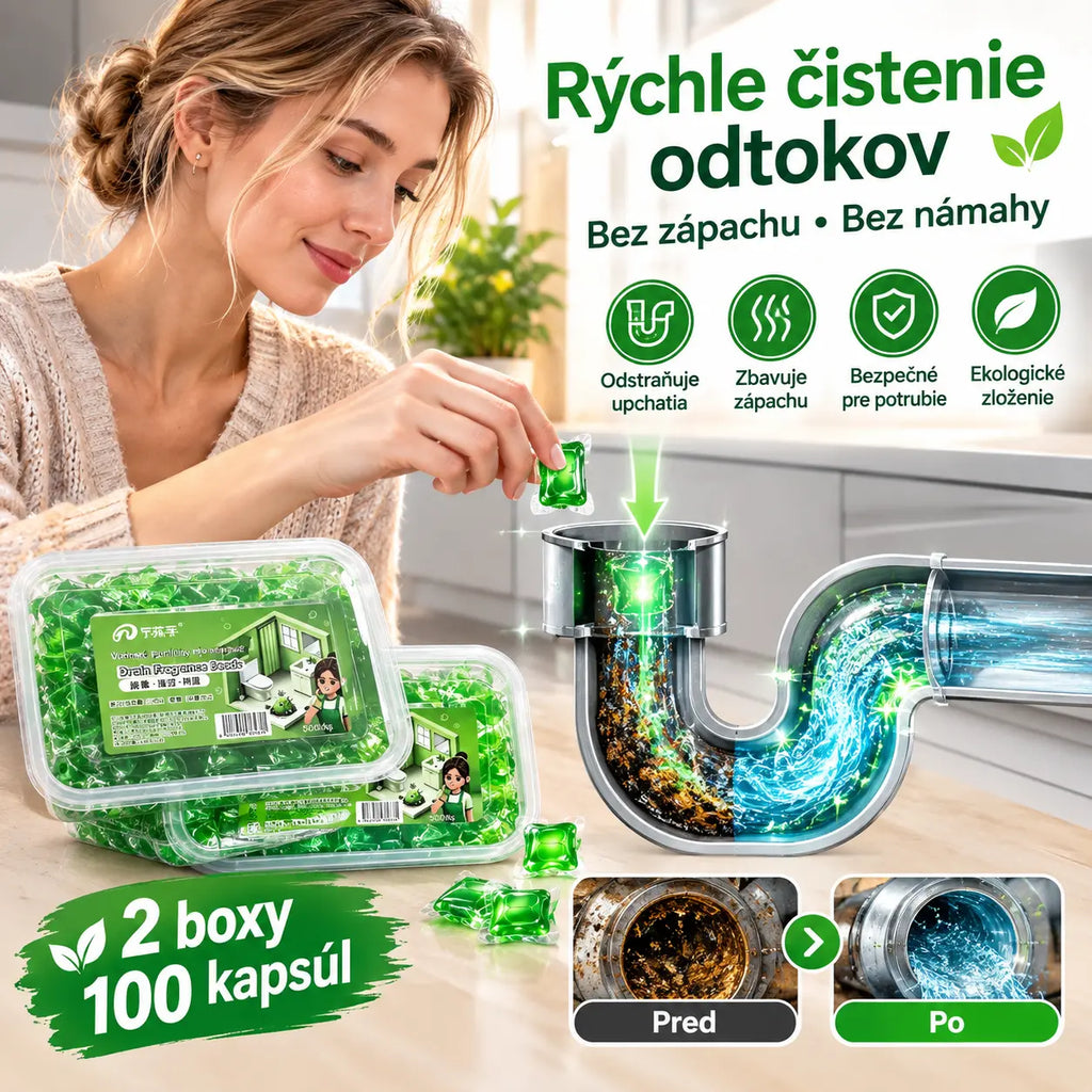 【1+1 ajándék!】2 csomag (100 tabletta) Vízben oldódó kapszulák a lefolyók kellemetlen szagának megszüntetésére – tökéletes megoldás a kellemetlen szagok terjedésének megakadályozására a fürdőszobában és a konyhában