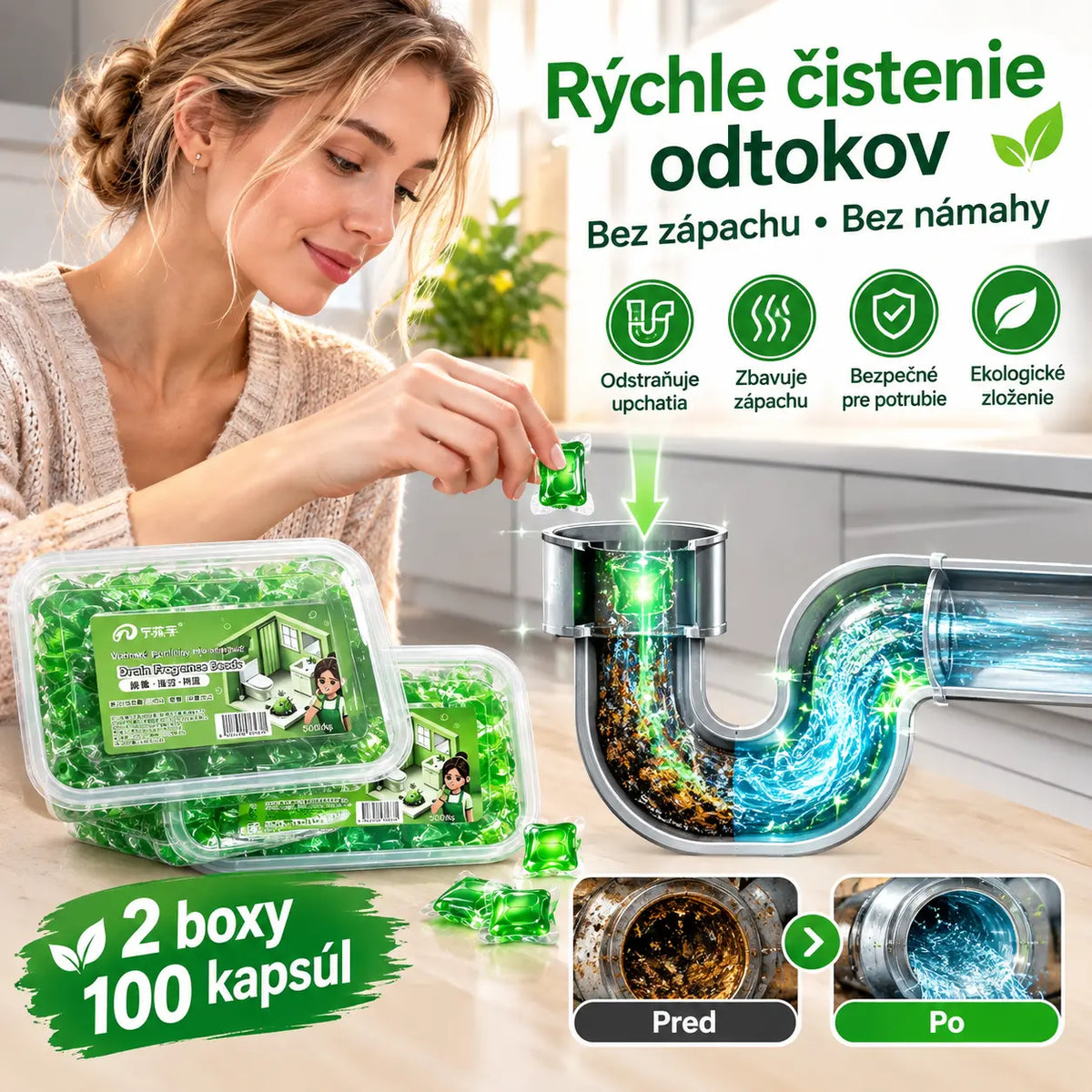 【1+1 ajándék!】2 csomag (100 tabletta) Vízben oldódó kapszulák a lefolyók kellemetlen szagának megszüntetésére – tökéletes megoldás a kellemetlen szagok terjedésének megakadályozására a fürdőszobában és a konyhában