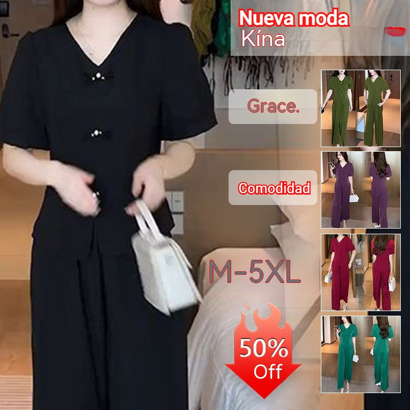 【M-5XL】 Tavaszi divatos jégselyem női szett – Felső + bő szárú nadrág