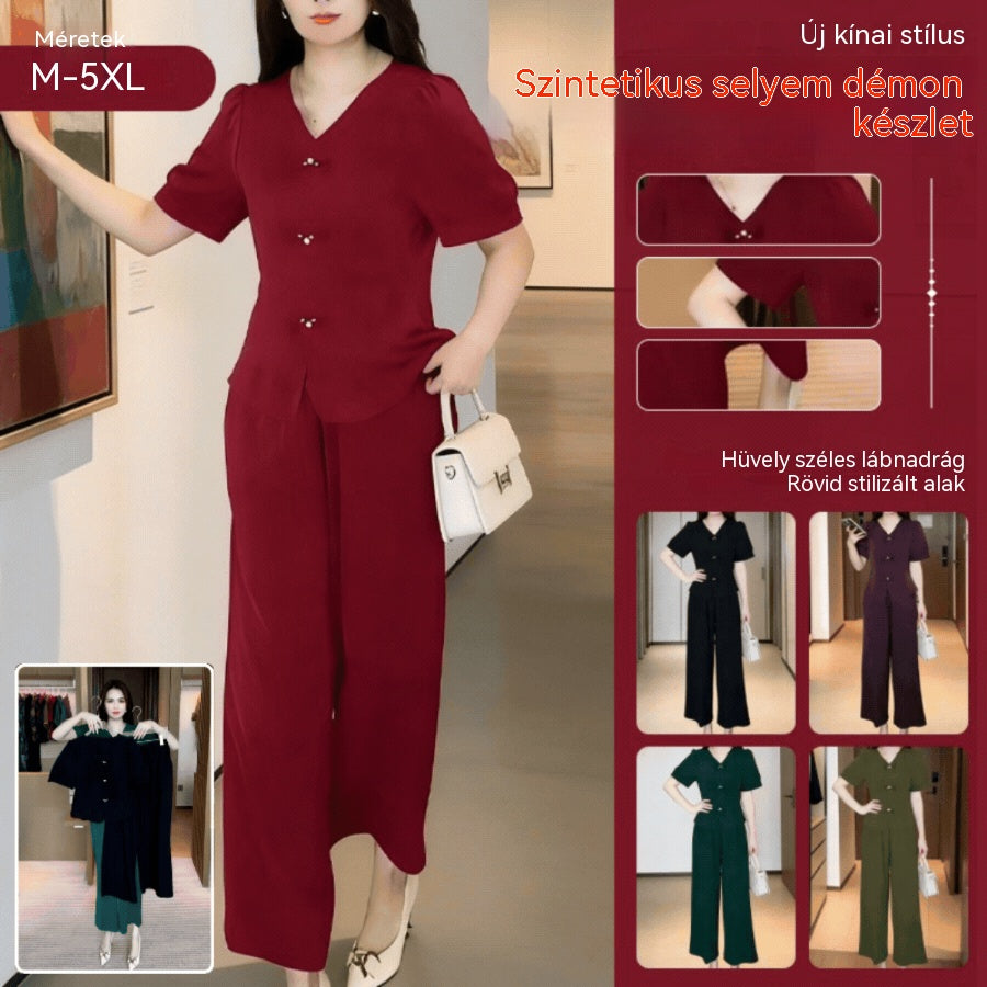 【M-5XL】 Tavaszi divatos jégselyem női szett – Felső + bő szárú nadrág